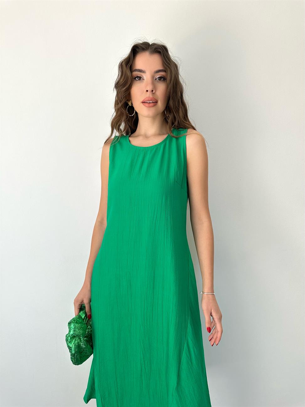 Çimen Yeşili Kolsuz Uzun Elbise