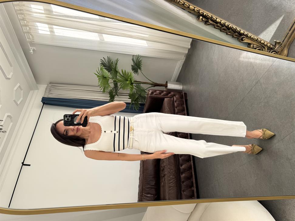 Çizgili Düğme Detaylı Triko Bluz