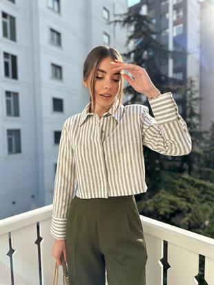 Çizgili Gömlek Haki-Beyaz