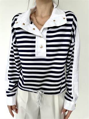 Çizgili Yakalı Sweat Beyaz-Lacivert