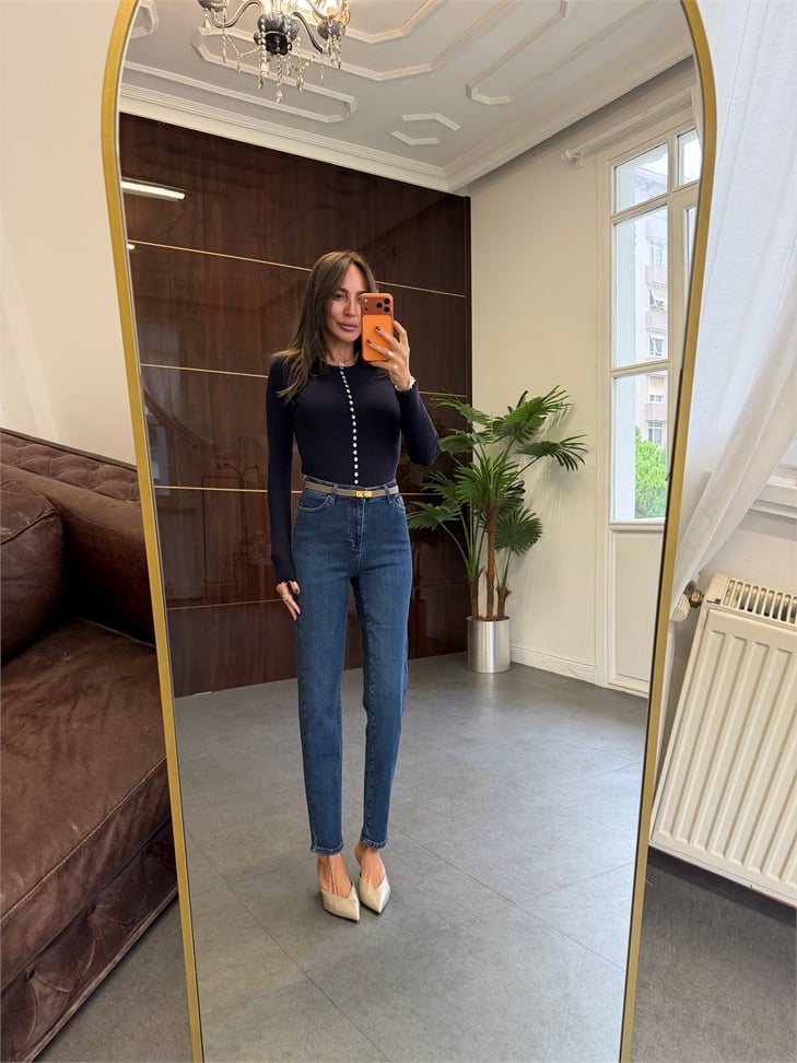 Dark Blue Mom Jean Pantolon