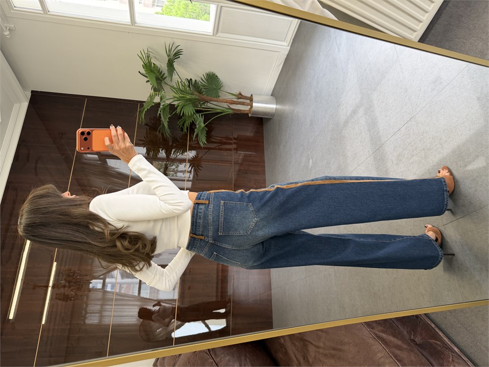 Dark İndigo Süet Garnili Wide Leg Jean Pantolon