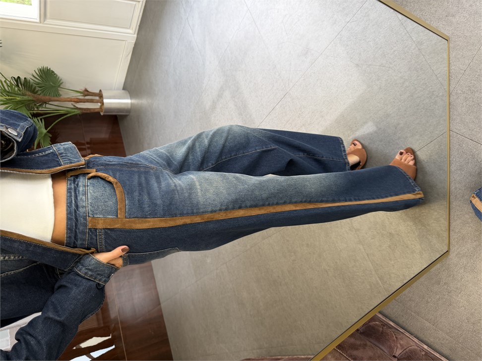 Dark İndigo Süet Garnili Wide Leg Jean Pantolon