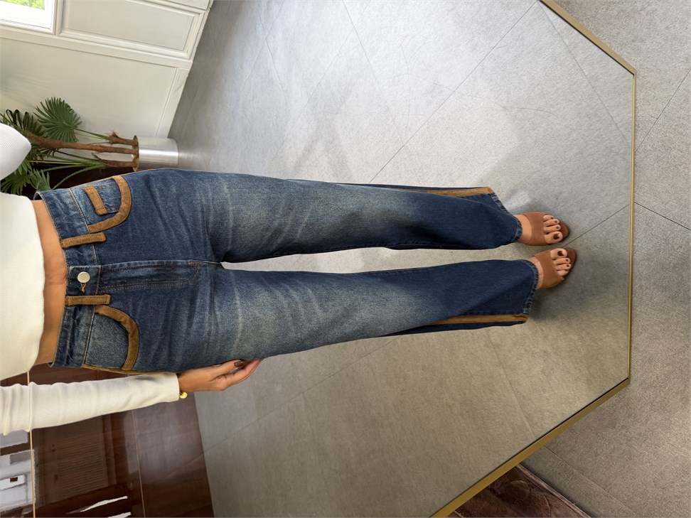 Dark İndigo Süet Garnili Wide Leg Jean Pantolon