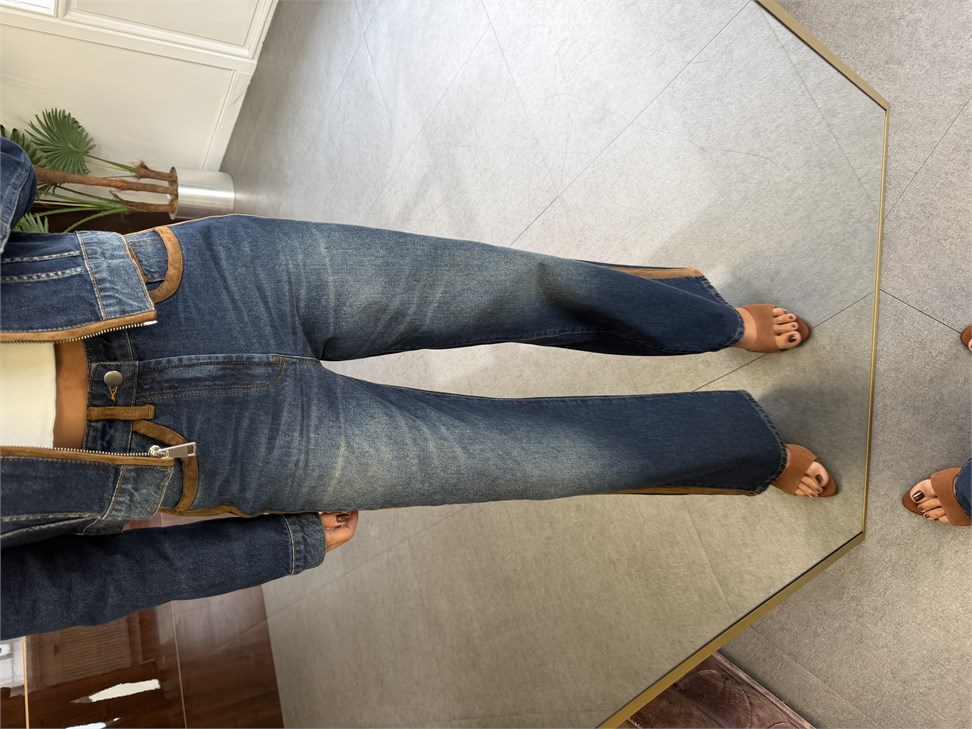 Dark İndigo Süet Garnili Wide Leg Jean Pantolon