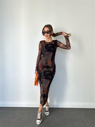 Desenli Batik Desen Astarlı Uzun Elbise