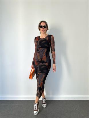 Desenli Batik Desen Astarlı Uzun Elbise