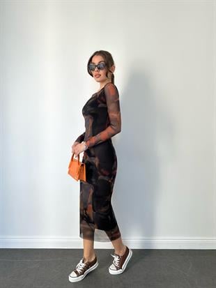 Desenli Batik Desen Astarlı Uzun Elbise