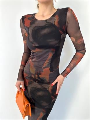 Desenli Batik Desen Astarlı Uzun Elbise