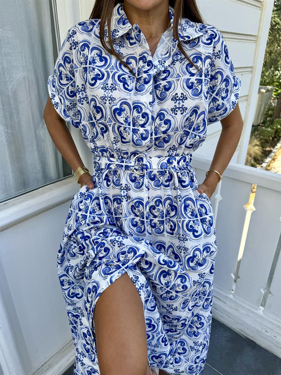 Mavi Desenli Gömlek Elbise