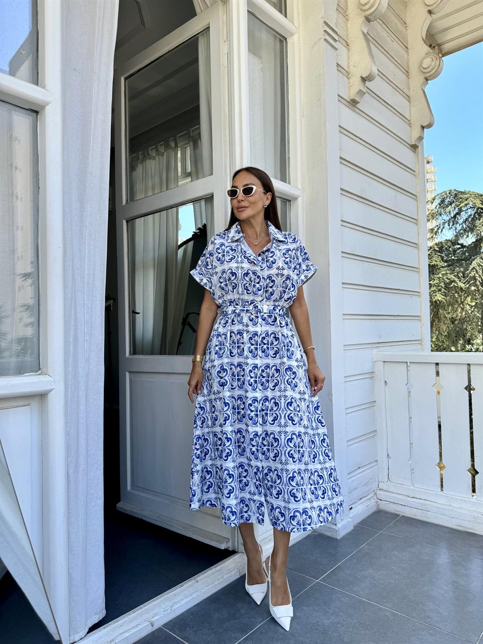 Mavi Desenli Gömlek Elbise