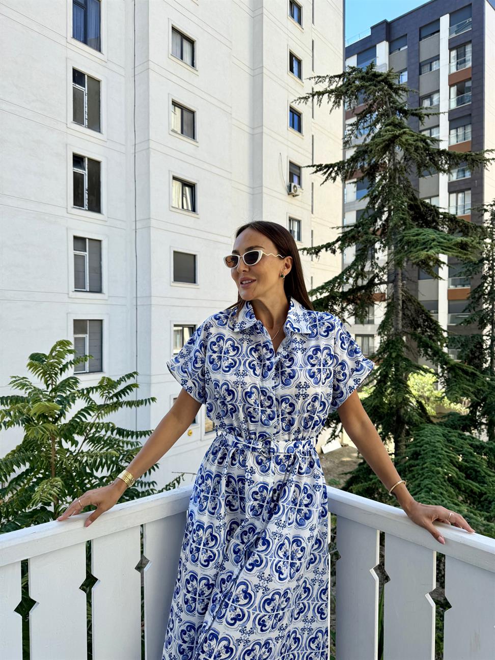 Mavi Desenli Gömlek Elbise