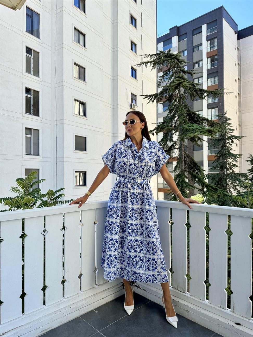 Mavi Desenli Gömlek Elbise