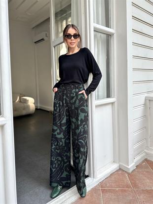 Desenli Kadın Pantolon Siyah-Yeşil