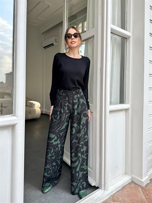 Desenli Kadın Pantolon Siyah-Yeşil