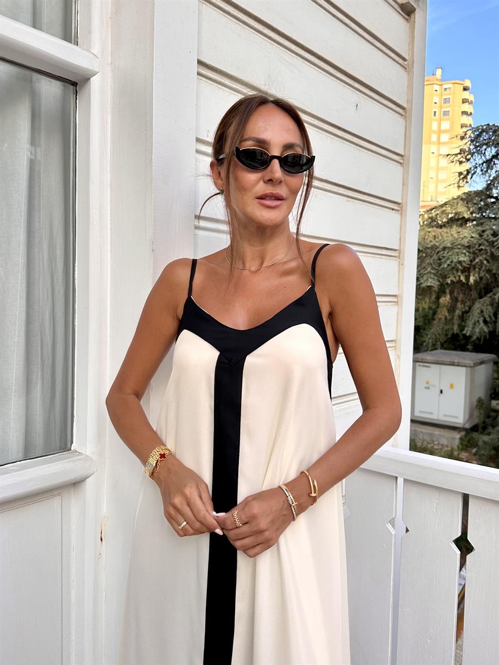 Ekru Asimetrik İp Askılı Elbise