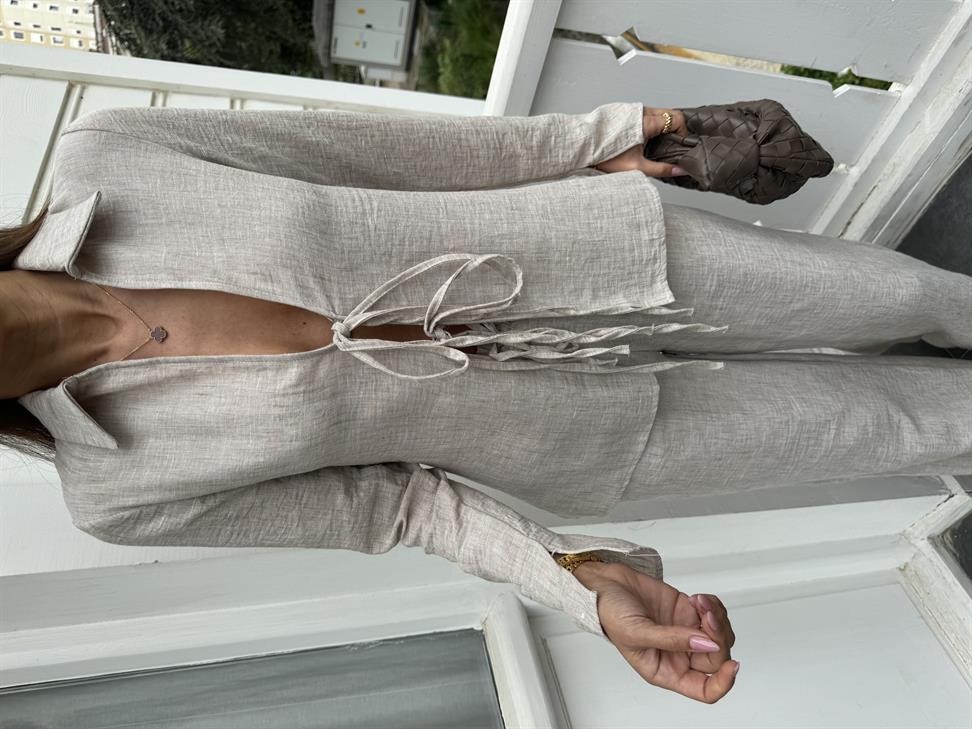 Ekru Bağlamalı Gömlek Takım