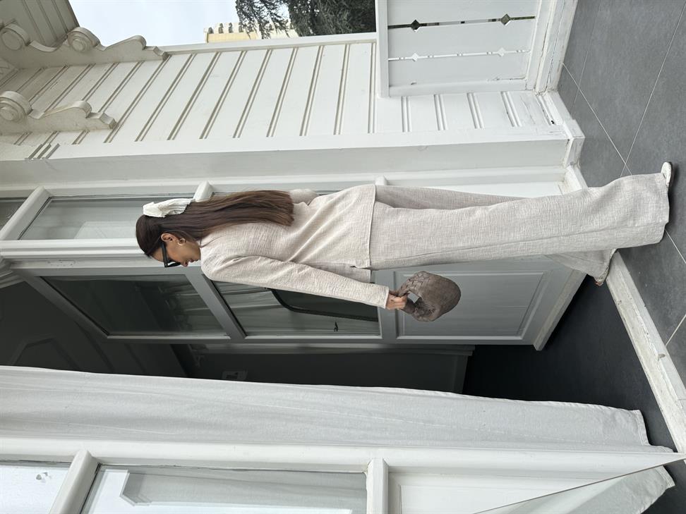 Ekru Bağlamalı Gömlek Takım