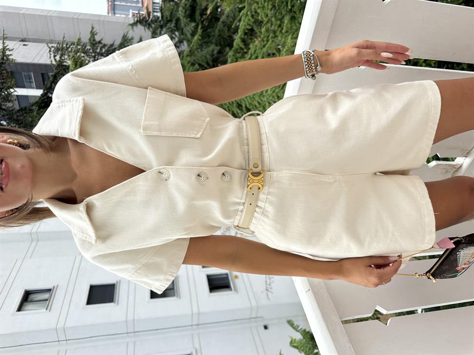 Ekru Beli Lastikli Gabardin Tulum