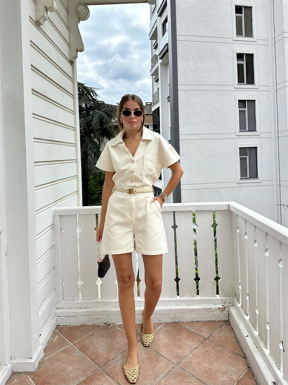 Ekru Beli Lastikli Gabardin Tulum