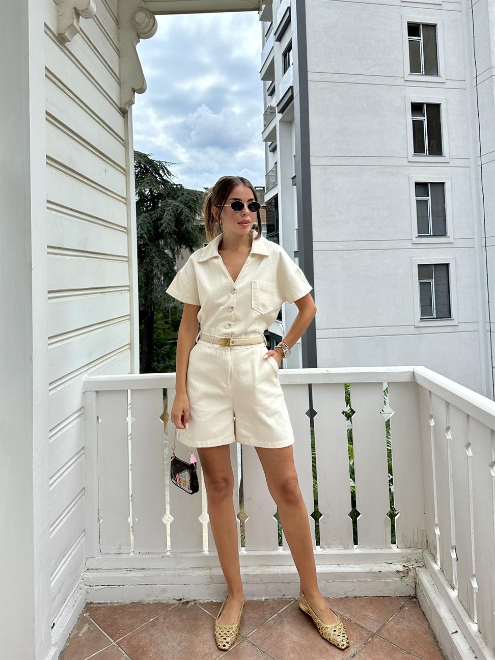 Ekru Beli Lastikli Gabardin Tulum