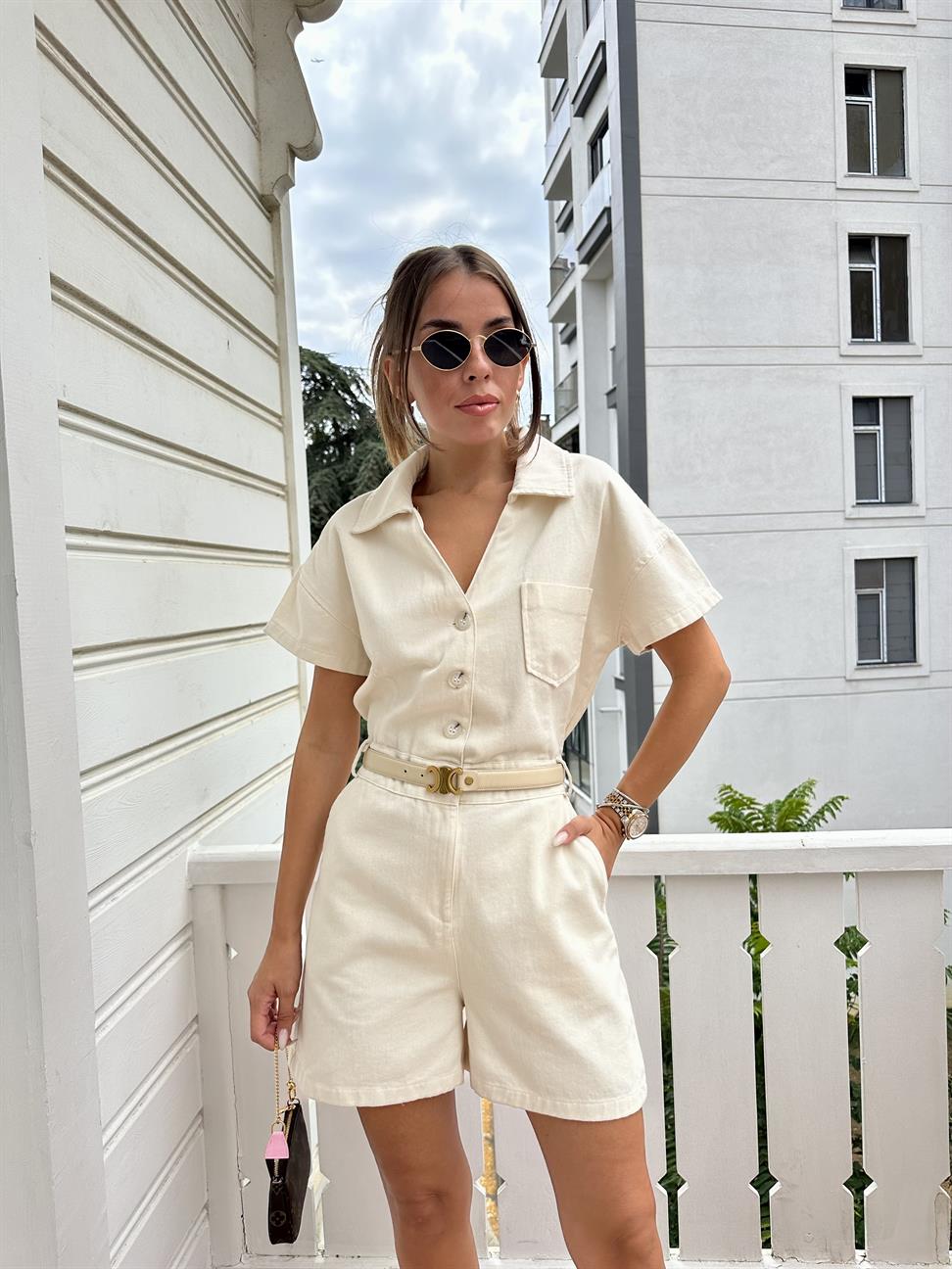 Ekru Beli Lastikli Gabardin Tulum