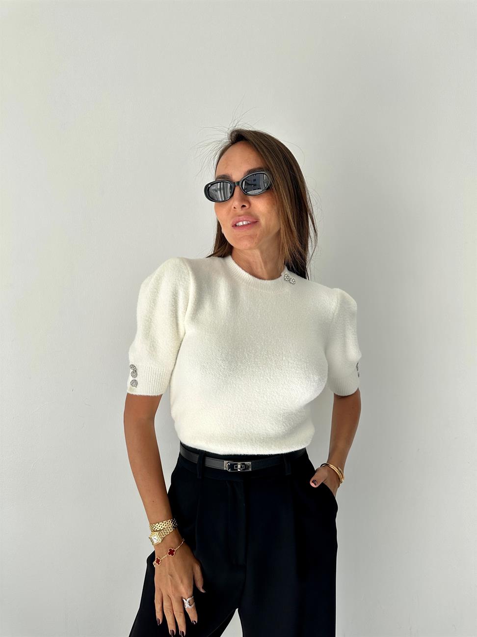 Ekru Bisiklet Yaka Kısa Kol Kazak