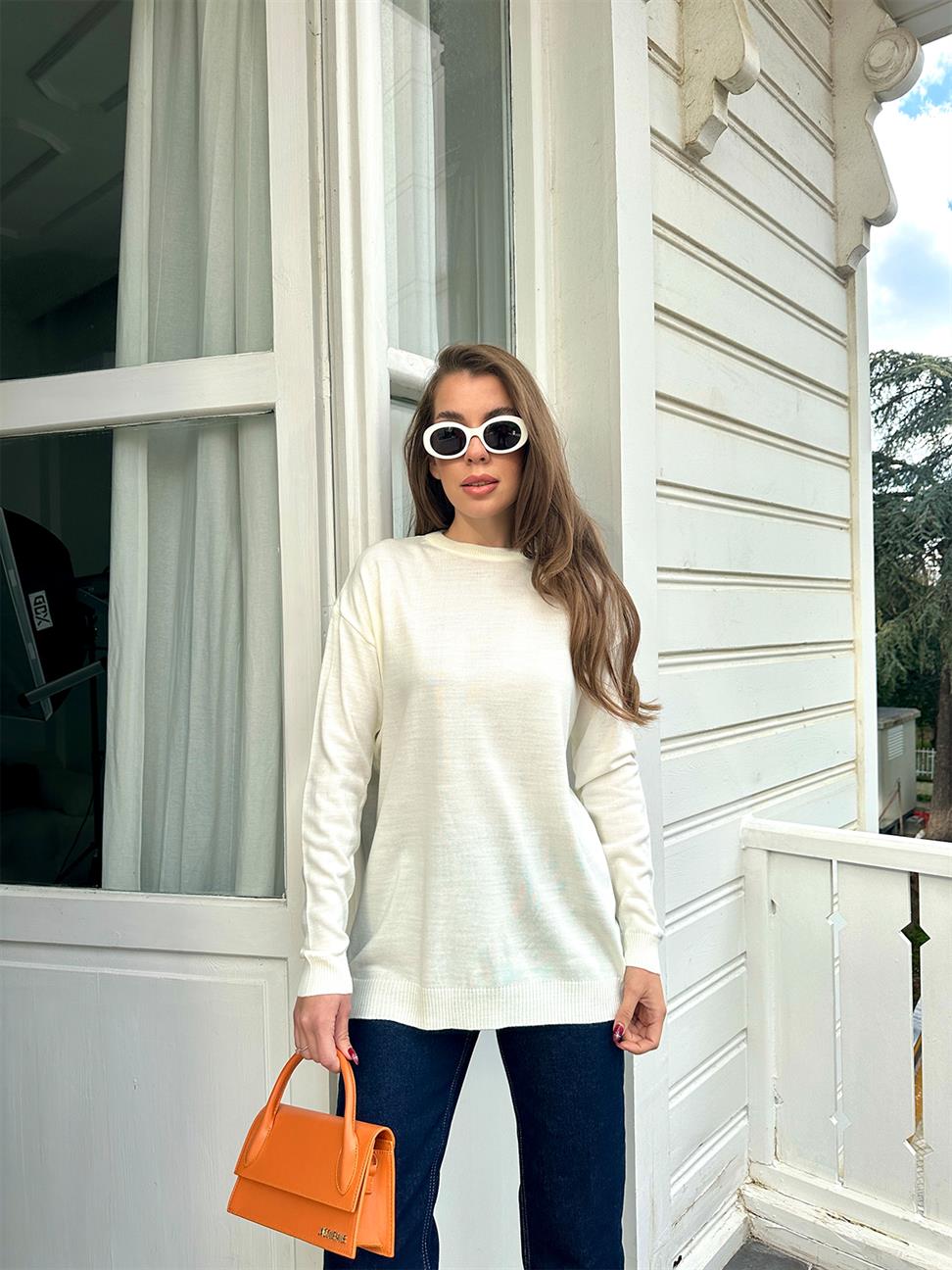 Ekru Bisiklet Yaka Oversize Basic Kazak