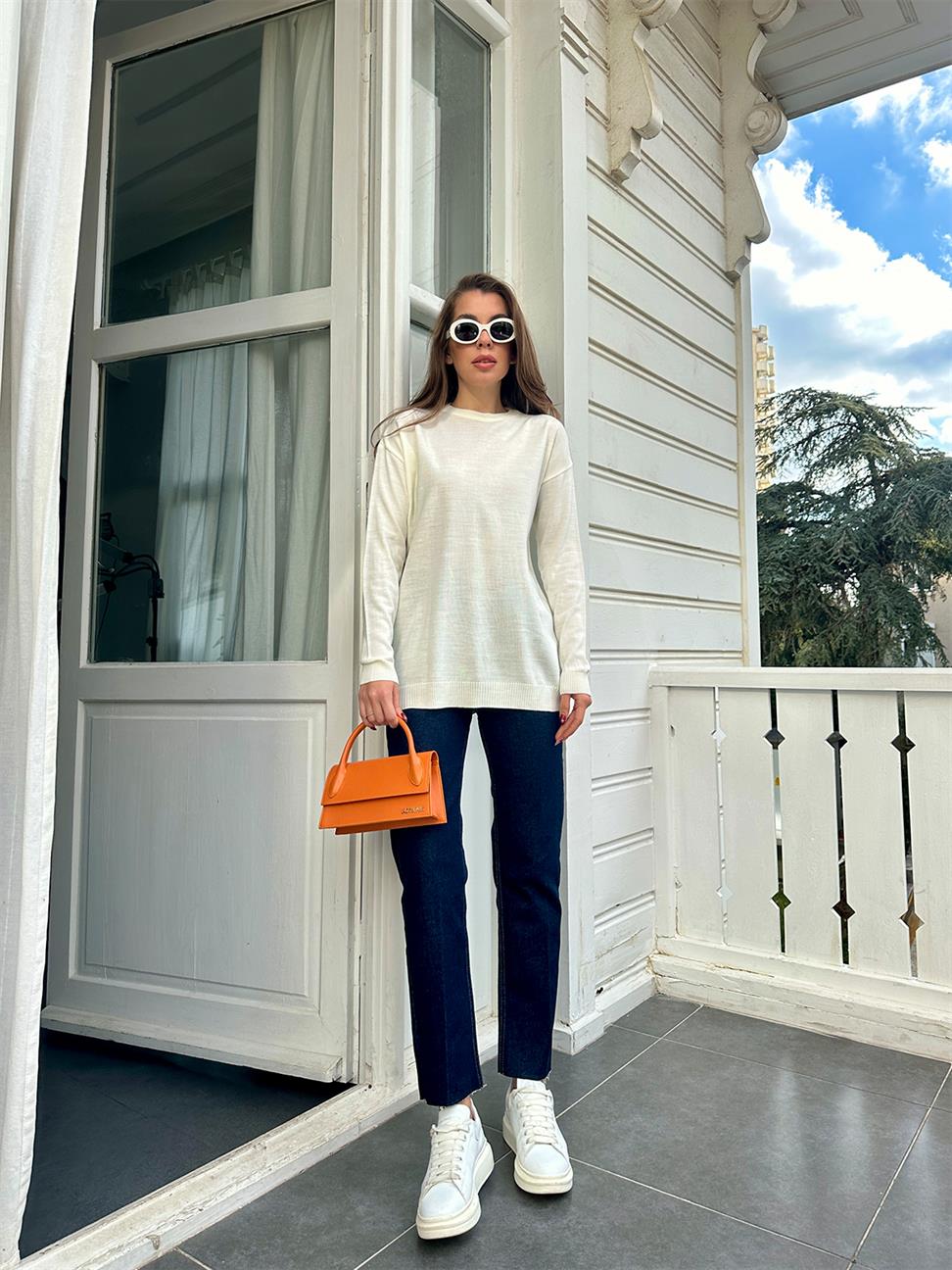 Ekru Bisiklet Yaka Oversize Basic Kazak