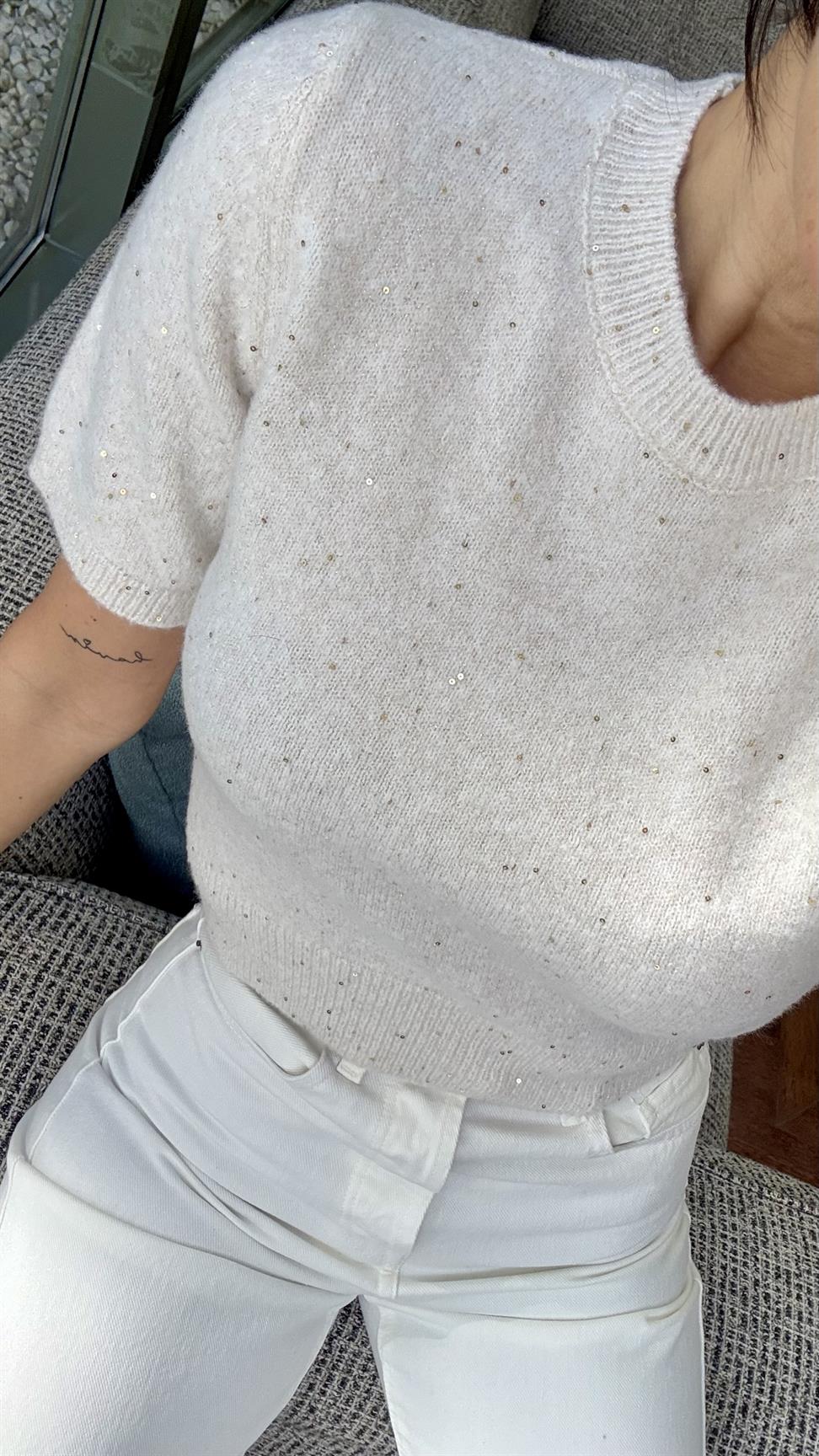 Ekru Bisiklet Yaka Pullu Simli Triko Kazak