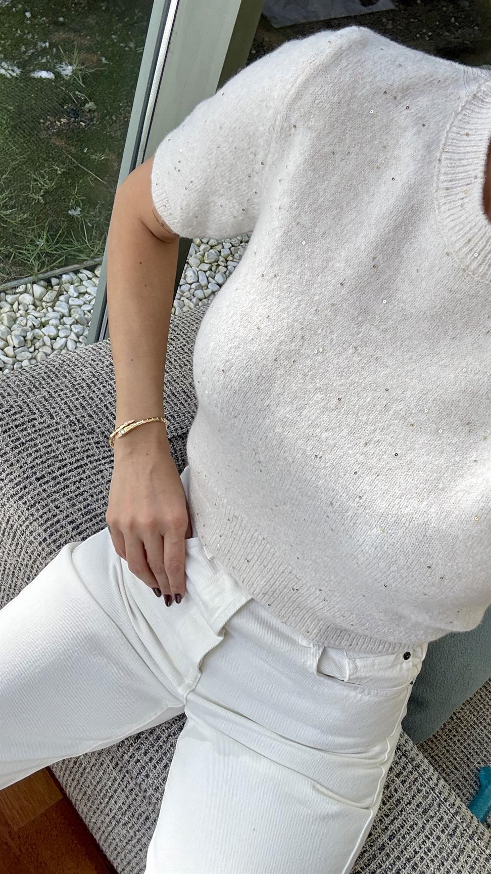 Ekru Bisiklet Yaka Pullu Simli Triko Kazak