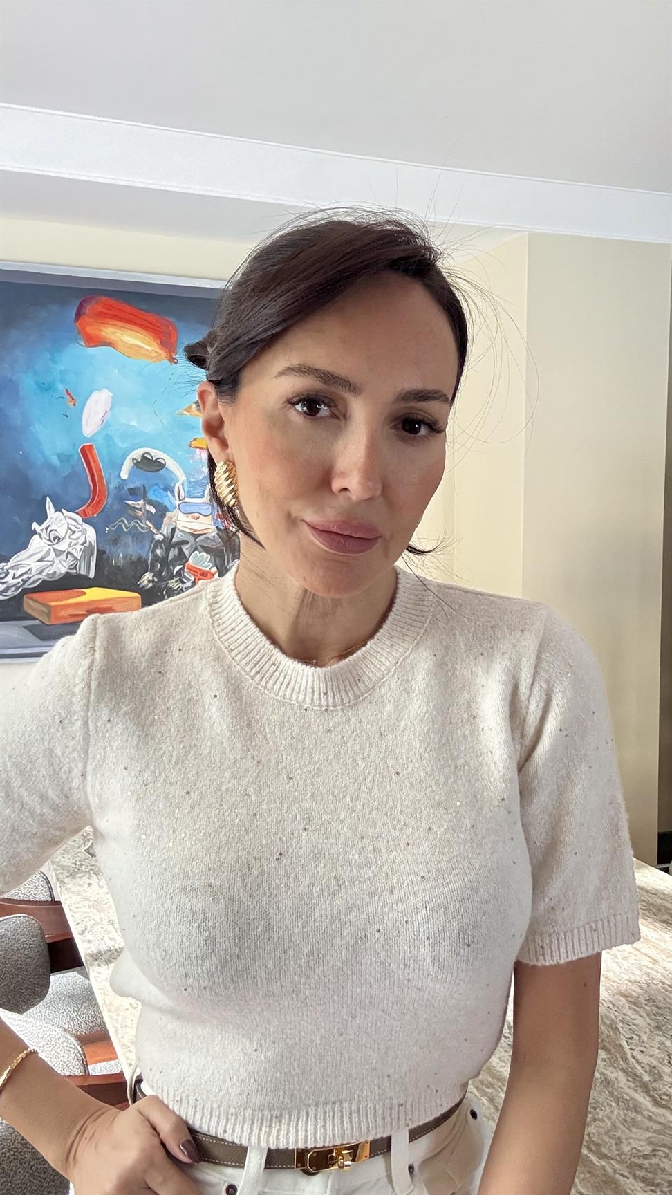 Ekru Bisiklet Yaka Pullu Simli Triko Kazak