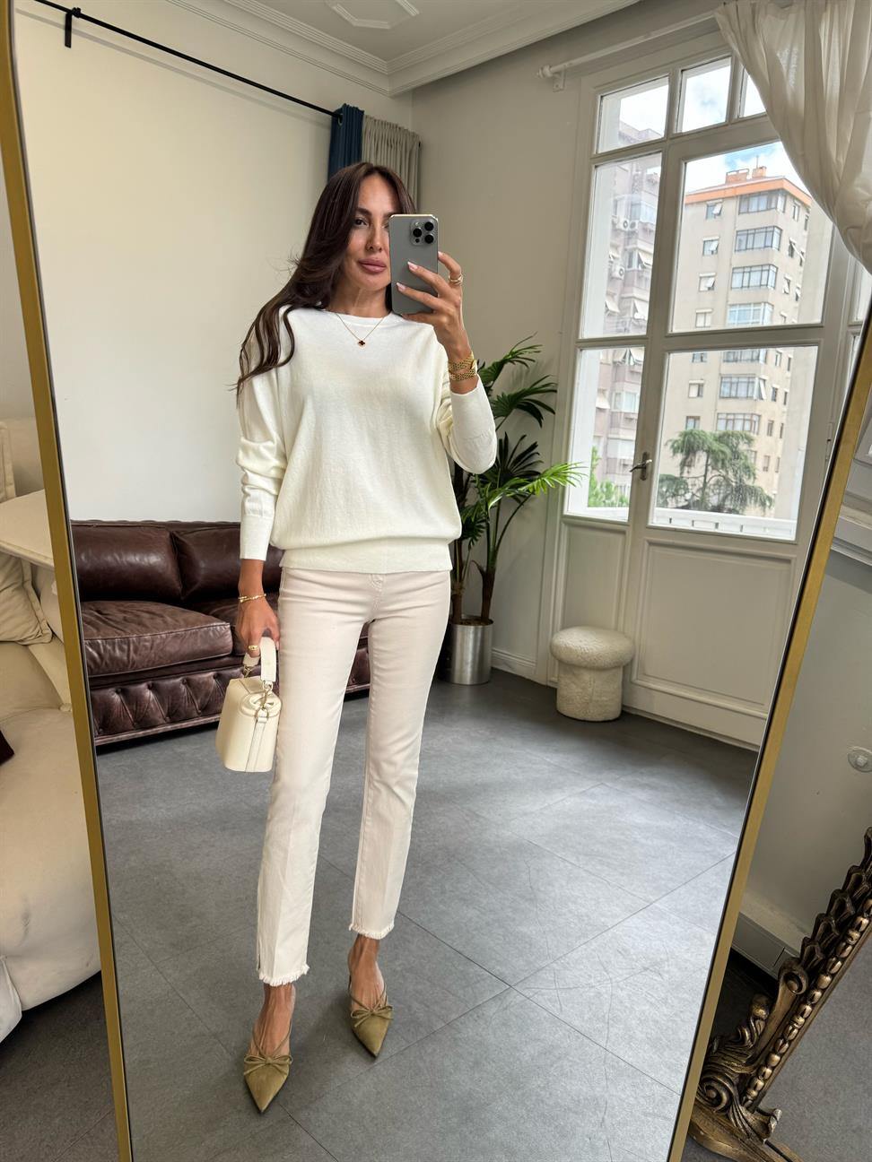 Ekru Bisiklet Yaka Yünlü Basic Triko Kazak