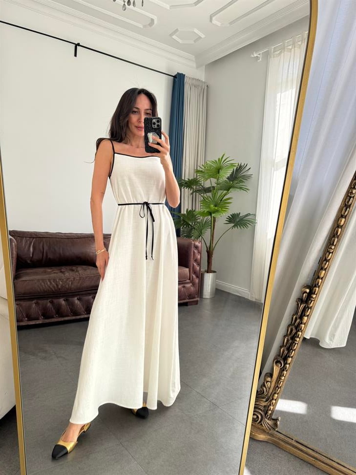 Ekru Biyeli Müslin Elbise