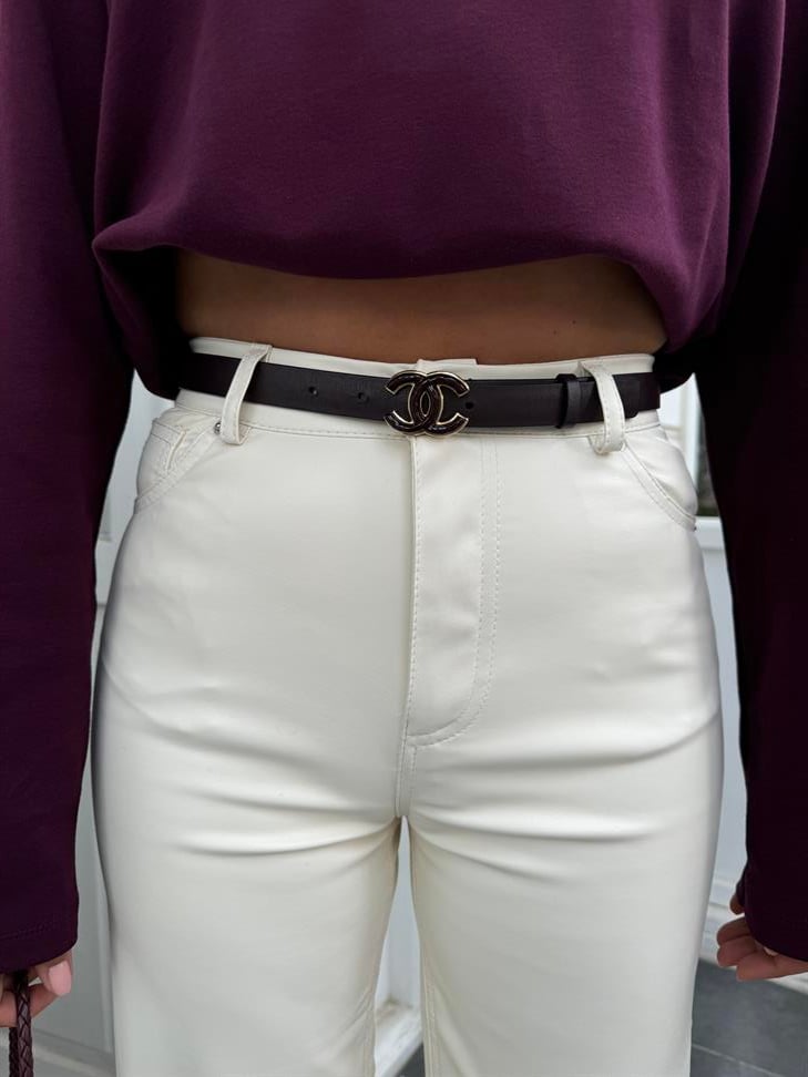 Ekru Bol Paça Deri Pantolon