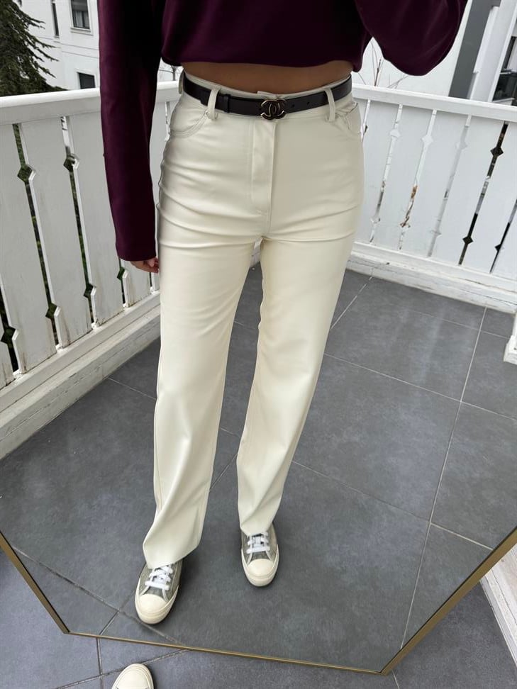Ekru Bol Paça Deri Pantolon