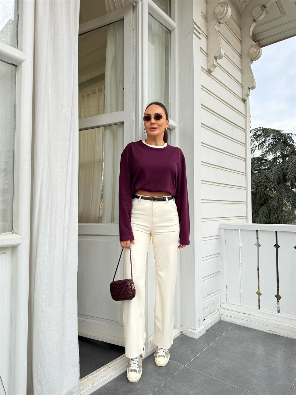 Ekru Bol Paça Deri Pantolon