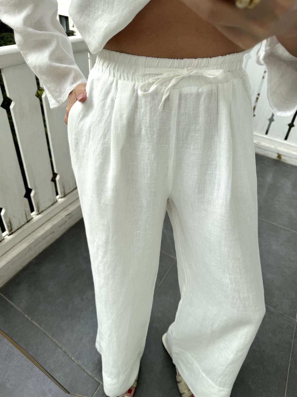 Beyaz Bol Paça Keten Pantolon