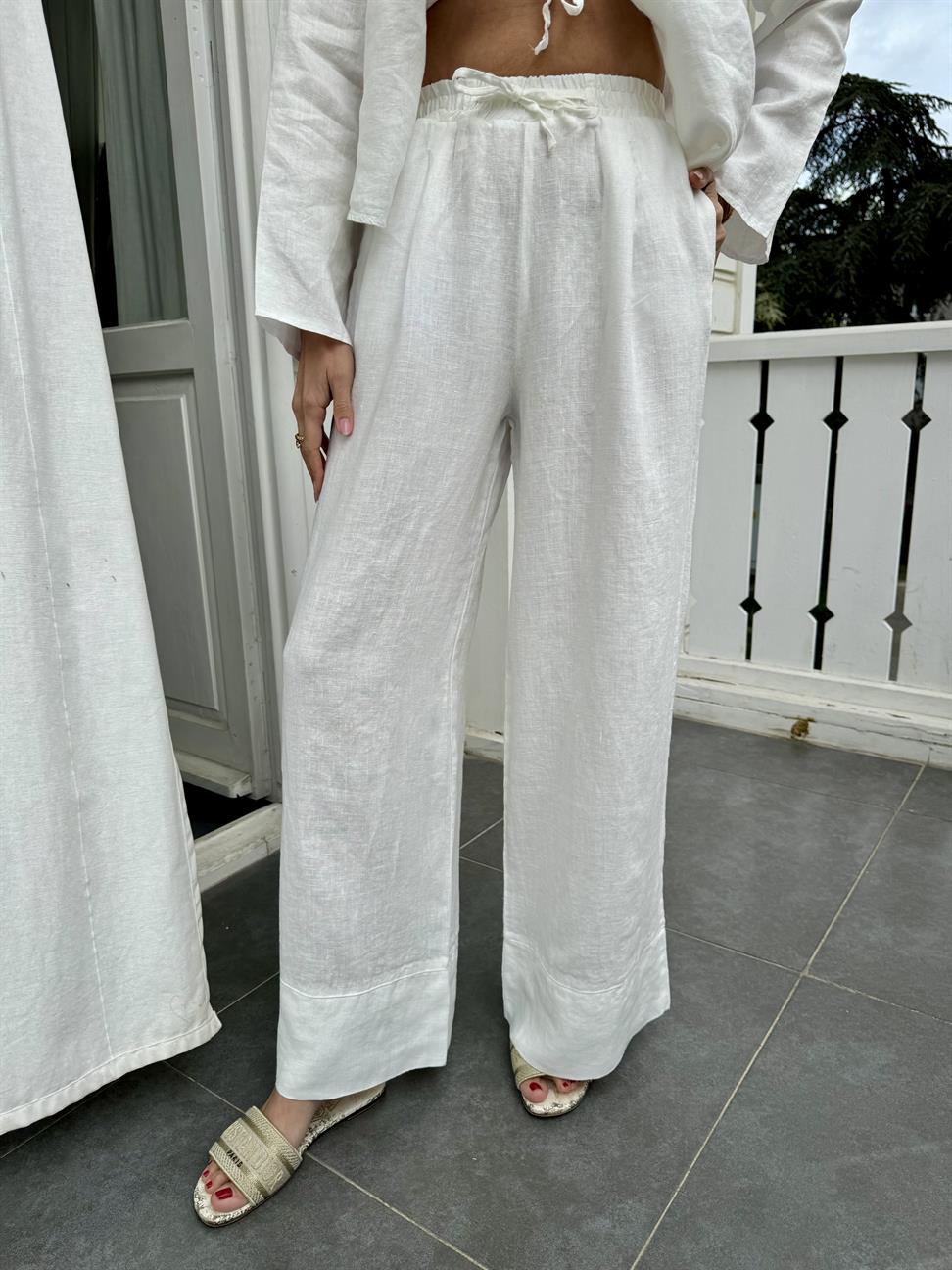 Beyaz Bol Paça Keten Pantolon