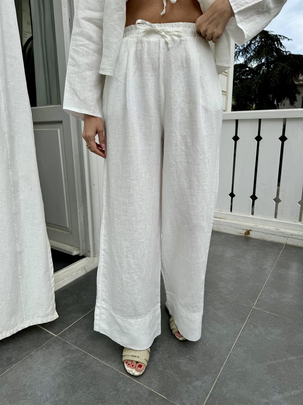 Beyaz Bol Paça Keten Pantolon