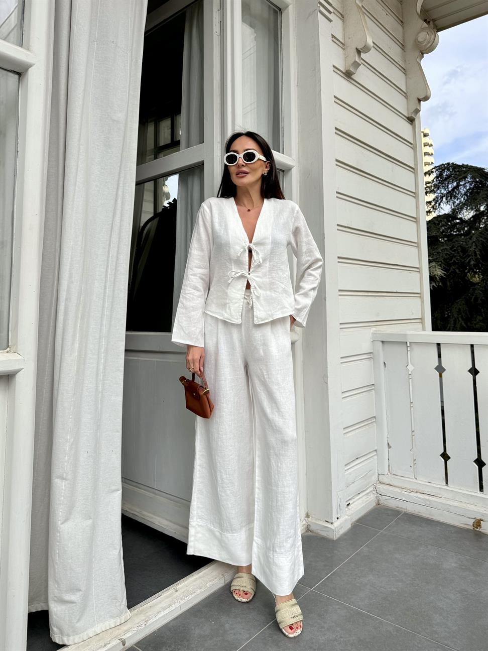 Beyaz Bol Paça Keten Pantolon