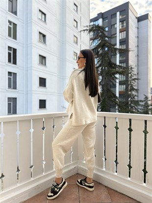 Ekru Çelik Örme Pantolon Takım