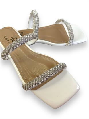 Ekru Çift Bantlı Taşlı Terlik