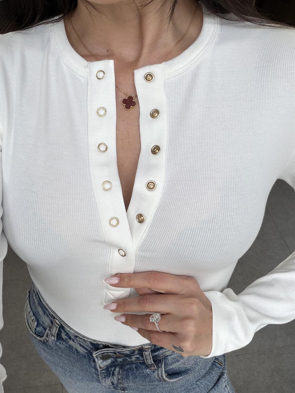 Ekru Çıtçıtlı Uzun Kollu Top