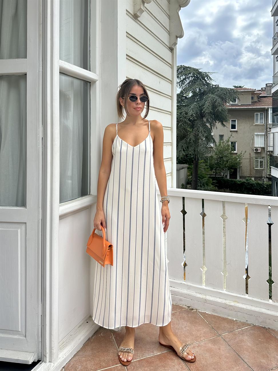 Ekru Çizgili Elbise