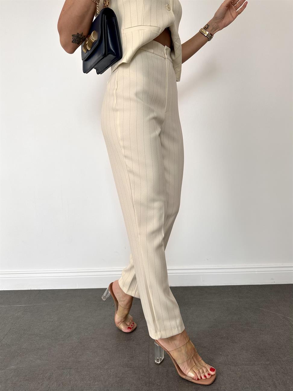 Ekru Çizgili Kumaş Pantolon