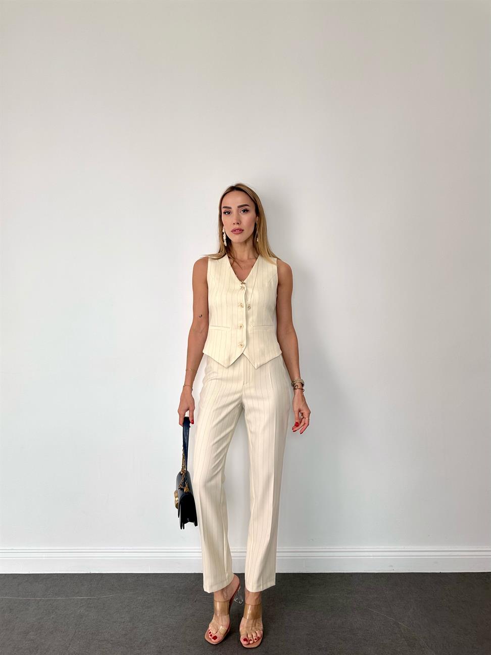 Ekru Çizgili Kumaş Pantolon