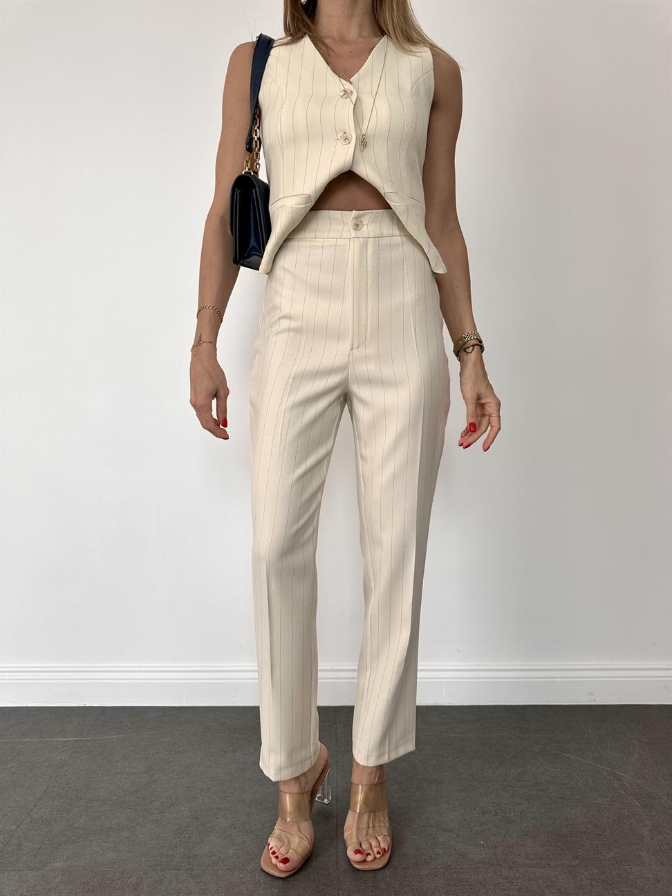 Ekru Çizgili Kumaş Pantolon