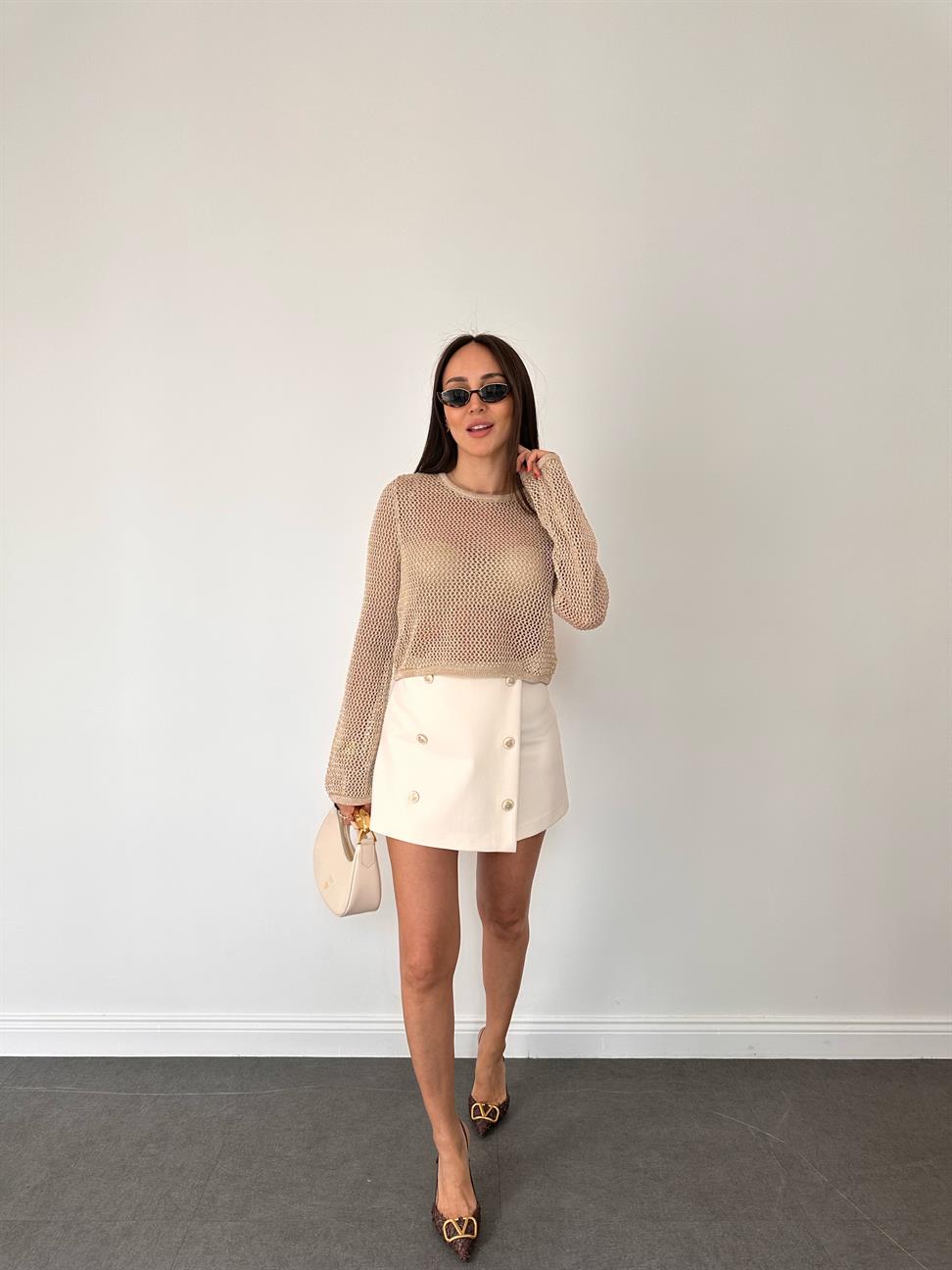 Ekru Dore Düğmeli Şort