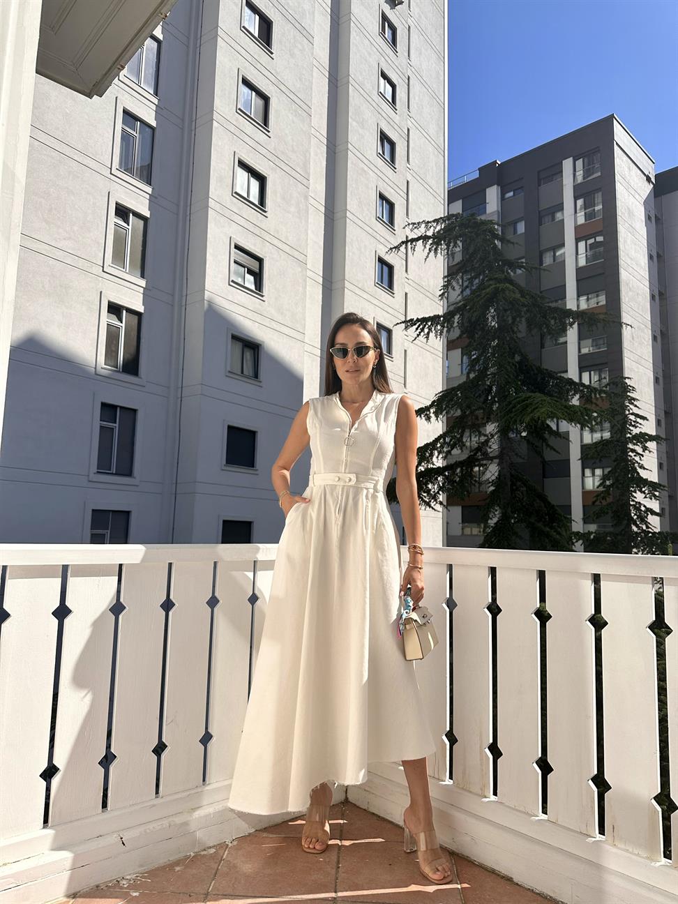 Ekru Fermuarlı Denim Elbise